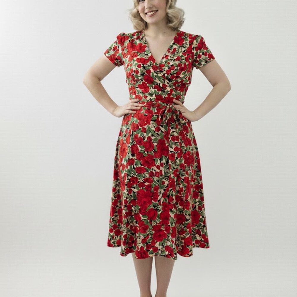 Zara - Basic - Small - Wrap Dress - Red Flowers - Knee Length (31" top to bottom
